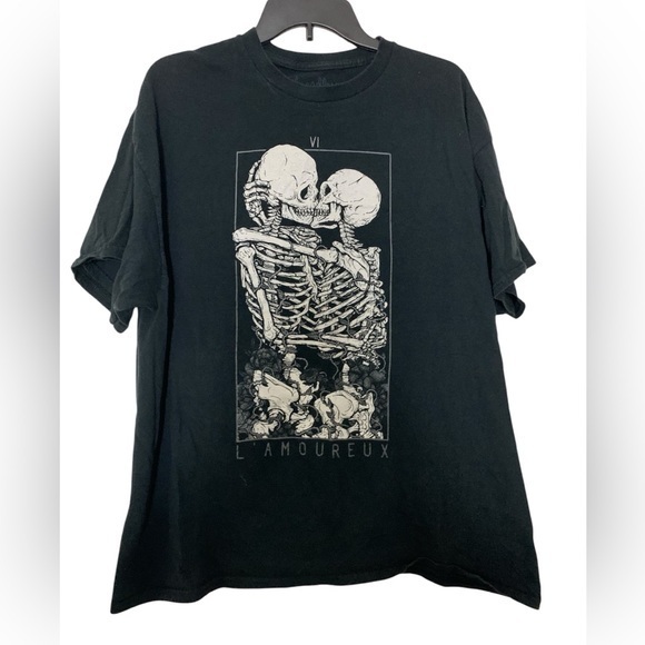 Vintage Treadless L Amoureux Kissing Skeleton Black T-Shirt Tee Top Large - Picture 1 of 11